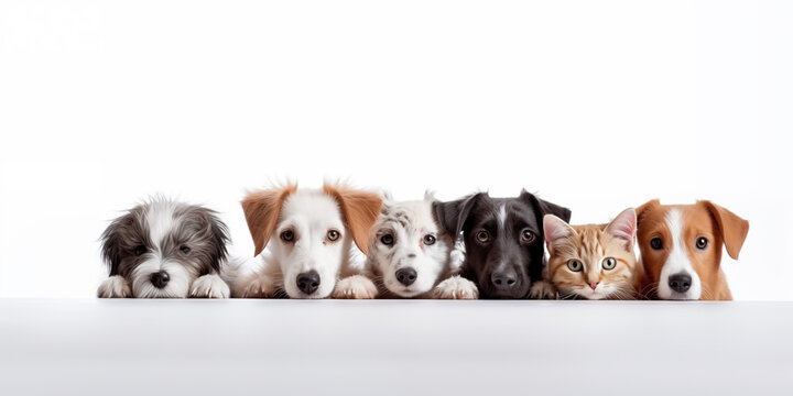 Dog and cat on white background. Shelter pets, animals. Veterinary, zooclinic, goods for animals.