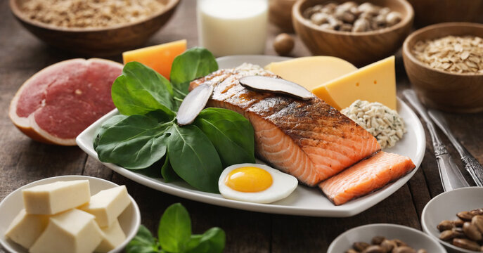 A diverse collection of vitamin B12 rich foods, including salmon, spinach, and eggs.