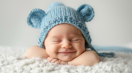 Fototapeta na wymiar Portrait of cute newborn laughing happy baby in blue cartoon hat with ears as studio shoot on a white background