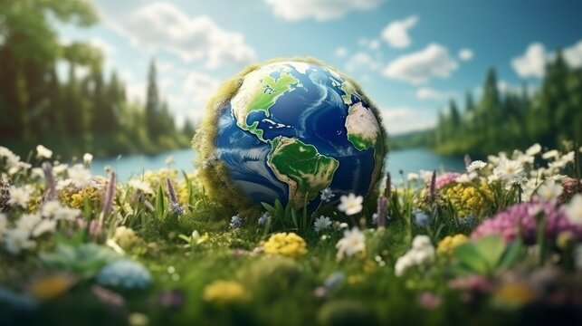 landscape with green grass surface and trees, mountains. Earth globe isolated with green island