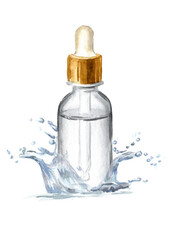Naklejka premium Dropper bottle for moisturizing serum with a pipette. Container for cosmetic collagen product. Hand drawn watercolor illustration isolated on white background