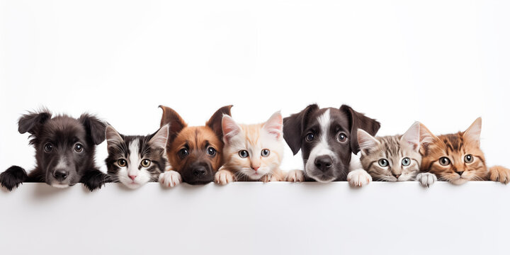 Dog and cat on white background. Shelter pets, animals. Veterinary, zooclinic, goods for animals.