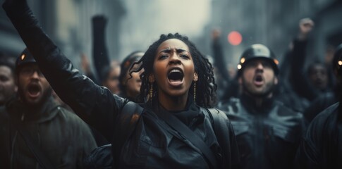 Protest, stop hands and black woman with people - obrazy, fototapety, plakaty
