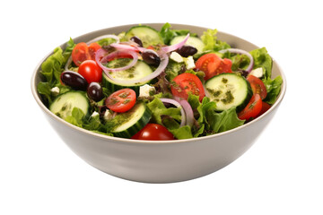 Fresh Salad With Cucumbers, Tomatoes, Onions, and Olives. A salad featuring slices of crisp cucumbers, juicy tomatoes, diced onions, and savory olives mixed. On PNG Transparent Clear Background.