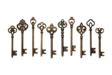Row of Keys Sitting in a Line. A row of keys arranged neatly in a line displaying various sizes and shapes. Each key has a distinct design. On PNG Transparent Clear Background.