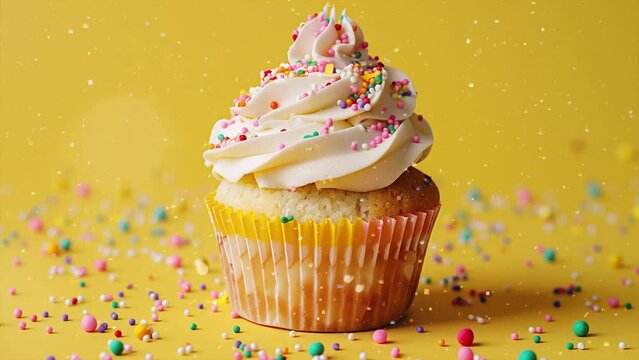birthday cupcake with many candles and confetti on yellow background. seamless looping overlay 4k virtual video animation background 