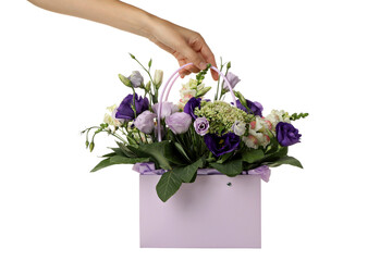 PNG, a bouquet of flowers in a gift bag, isolated on a white background.