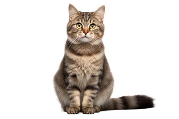 A cat is sitting down and staring directly at the camera, with its ears perked up and its eyes focused. The felines body language exudes curiosity and alertness. On PNG Transparent Clear Background.