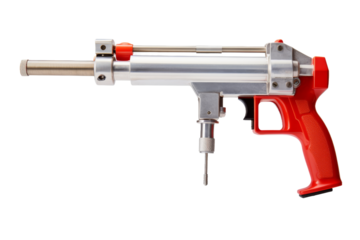 Red and Silver Spray Gun. The spray gun features a sleek design with metallic colors. This tool is commonly used for painting or applying coatings to surfaces. On PNG Transparent Clear Background.