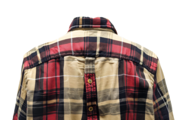 Red and Black Plaid Shirt With Buttons. A red and black plaid shirt with buttons is laid out flat. The shirt features a traditional pattern in bold colors. On PNG Transparent Clear Background.