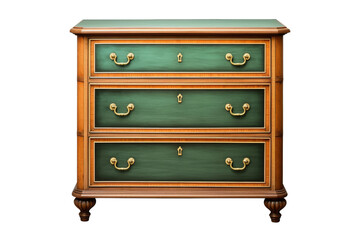 Green Chest of Drawers With Brass Handles. A green chest of drawers with brass handles sits prominently in a room, offering storage space and a touch of elegance. On PNG Transparent Clear Background.