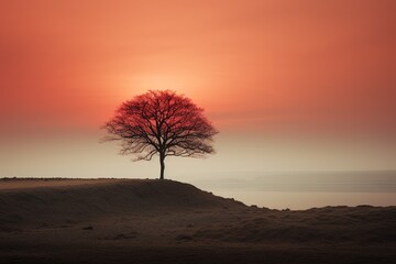 Solitary Tree Silhouette Against Sunset Sky. 