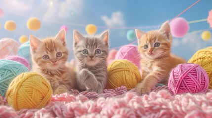 Fototapeta na wymiar group of playful kitten friends romping and tumbling amidst colorful yarn balls and toys as a charming poster for kids' bedrooms.