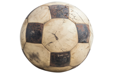 A weathered soccer ball, showing signs of heavy use and worn out seams. The ball appears deflated, with scuff marks and fading color. On PNG Transparent Clear Background.