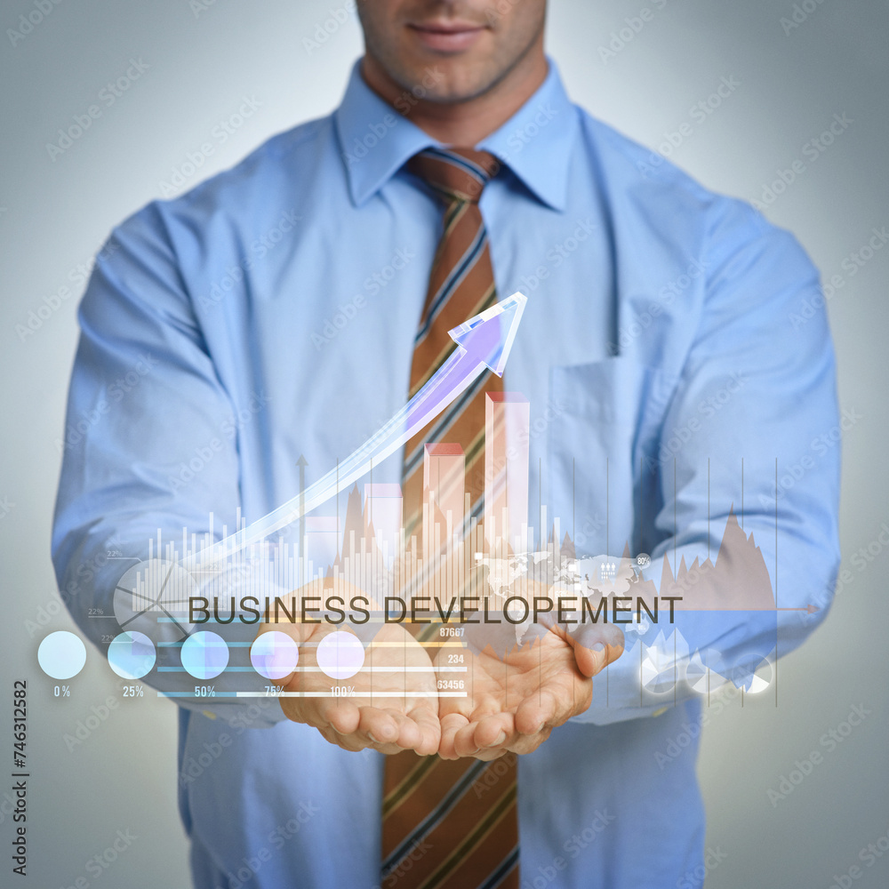 Poster Professional, hands and show data for statistics, analysis or growth of business development. Chart, graph or trader with presentation, finance or invest in studio isolated on grey background overlay