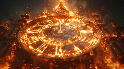 Burning clock 3D rendering. Time metaphor, burning time. - obrazy, fototapety, plakaty