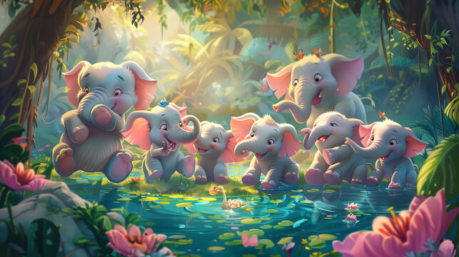 a group of cheerful elephant pals playing together in a jungle setting, conveying themes of friendship and joy.