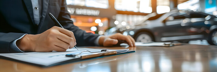 Car dealer signs a contract for a new car at a car showroom. The motive for purchasing a new car at an authorized showroom - obrazy, fototapety, plakaty