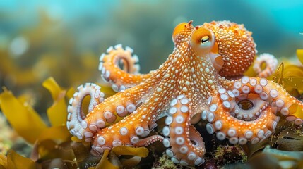 Naklejka premium Octopus vulgaris in natural habitat, dynamic pose, aquatic mystery, detailed suction cups, serene oceanic background, captivating, AI Generative