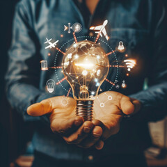 Businessman holding creative light bulb with growth graph and aerospace icons. Leveraging aerospace innovation technology  pioneer new solutions and advancements that elevate successful  ai technology - obrazy, fototapety, plakaty