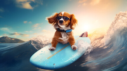 Funny dog on a surfboard in the river on a natural background