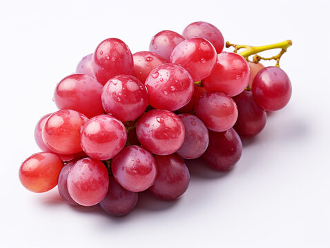 A luscious cluster of fresh red grapes with water droplets, radiating a natural shine against a white backdrop.
