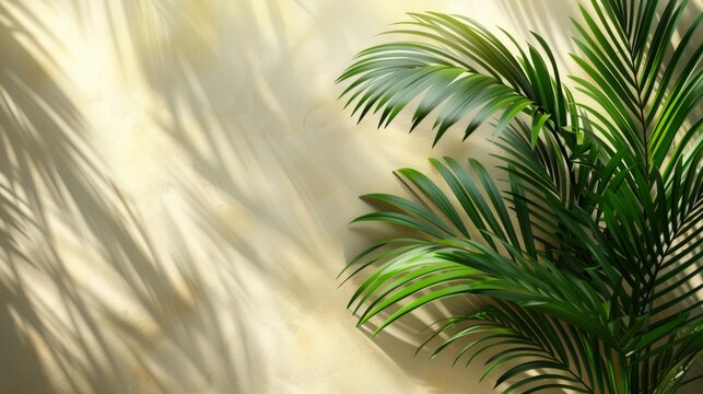 Palm leaf shadow on white beige wall, perfect background for product ads, banner format with ample copy space, digital art, clean and minimalist, AI Generative
