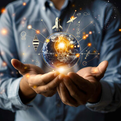 Businessman holding creative light bulb with growth graph and aerospace icons. Leveraging aerospace innovation technology  pioneer new solutions and advancements that elevate successful  ai technology