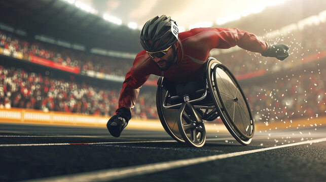 The portrayal of a Paralympic athlete fiercely competing in a wheelchair race on an athletic track, showcasing the power and agility required in the moment, AI Generative