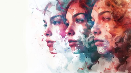 water painting multiple women faces overlaping in the left corner graphic illustration, dof, AI Generative