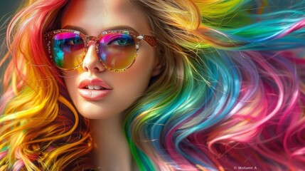 Fototapeta premium Woman with striking colorful wig, bold and beautiful, fashion statement, high-resolution, vivid colors, ambient lighting AI Generative