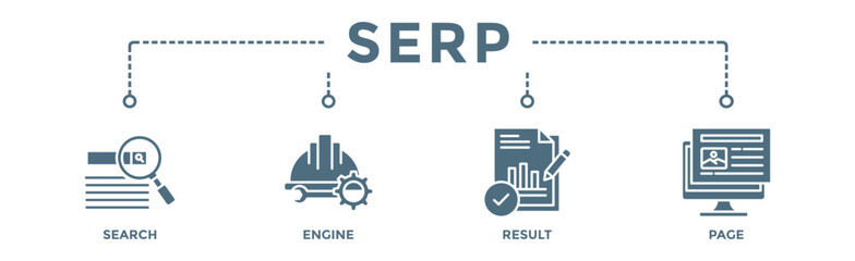 SERP banner web icon illustration concept for search engine result page with icon of web search, computer, search engine, mobile search, page result, and statistics graph