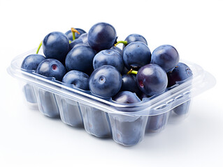 A transparent clamshell package filled with ripe blueberries, showcasing their vibrant deep blue color.