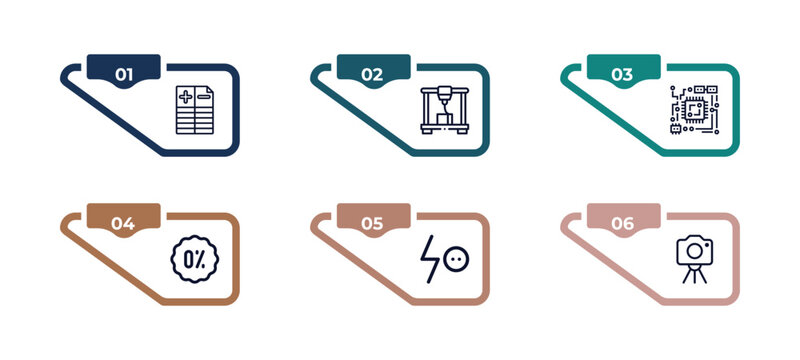 outline icons set from technology concept. editable vector included spreadsheet, printer tool, circuit board, zero, lightning arrow, camera front view icons. infographic template