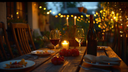 Fototapeta na wymiar Glowing Hearts: Intimate Candlelit Dinner with Wine Glasses, generative AI
