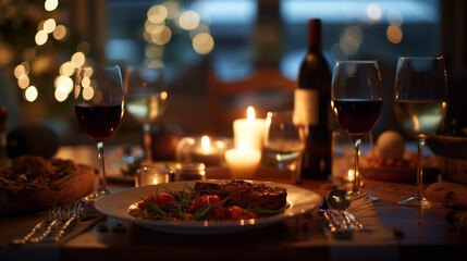 Fototapeta na wymiar Charming Dinner Date: Candlelit Dinner with Wine Glasses, generative AI