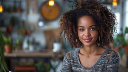 Young woman with curly hair sitting in a cafe, casual portrait with soft focus.