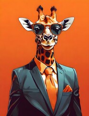 Stylish portrait of dressed up imposing anthropomorphic giraffe wearing glasses and suit on vibrant...