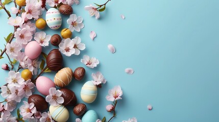 Colorful Easter chocolate eggs with cherry blossoms flat lay on blue background