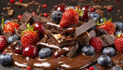 Background with pieces of chocolate bars, melted chocolate and berries.
