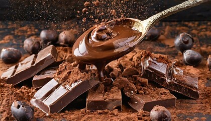 Background with pieces of chocolate bars and melted chocolate. A spoon in the composition. Macro...