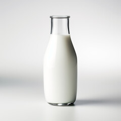 Contemporary Milk Bottle on White Background, A sleek modern glass milk bottle with a black cap, filled with fresh milk, isolated on a white background