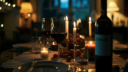 Romantic Gesture: Candlelit Dinner Setting with Wine Glasses, generative AI