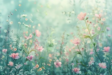 Fototapeta na wymiar 繊細なパステルカラーの花を中心に視覚的にも美しい春の風景のイラスト