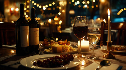 Romantic Candlelit Dinner: Cozy Evening for Two with Wine Glasses, generative AI