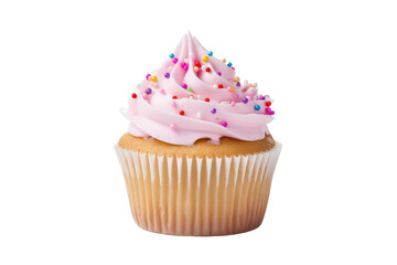 Cupcake With Pink Frosting and Sprinkles. A single cupcake with vibrant pink frosting and colorful sprinkles on top. On PNG Transparent Clear Background.