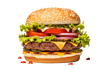 Delicious Hamburger With Lettuce, Tomato, and Cheese. A hamburger topped with fresh lettuce, slices of juicy tomato, and melted cheese. On PNG Transparent Clear Background.