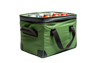 A green cooler bag sits open, filled with a variety of refreshing drinks in bottles and cans. The assortment includes water, soda, juice, and sports drinks. On PNG Transparent Clear Background.