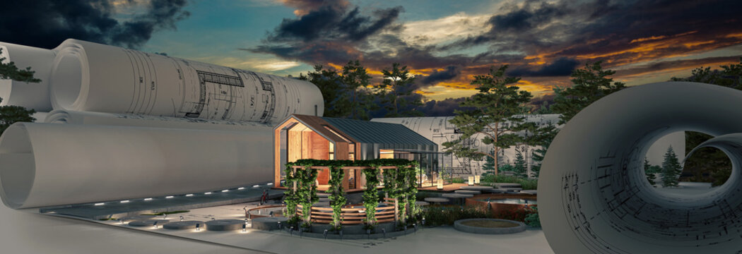 Bauplanung eines energieeffizienten Einfamilienhauses in moderner Scheunenarchitektur mit Garten, Terrasse und Garage (dramatischer Abendhimmel im Hintergrund) - p 3D Visualisierung