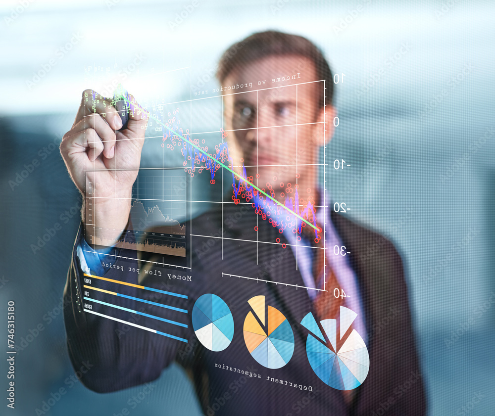 Poster Dashboard, graph and businessman digital with economy with technology for future of data analyst. Male person, serious and working in company for corporate as employee or staff for problem solving